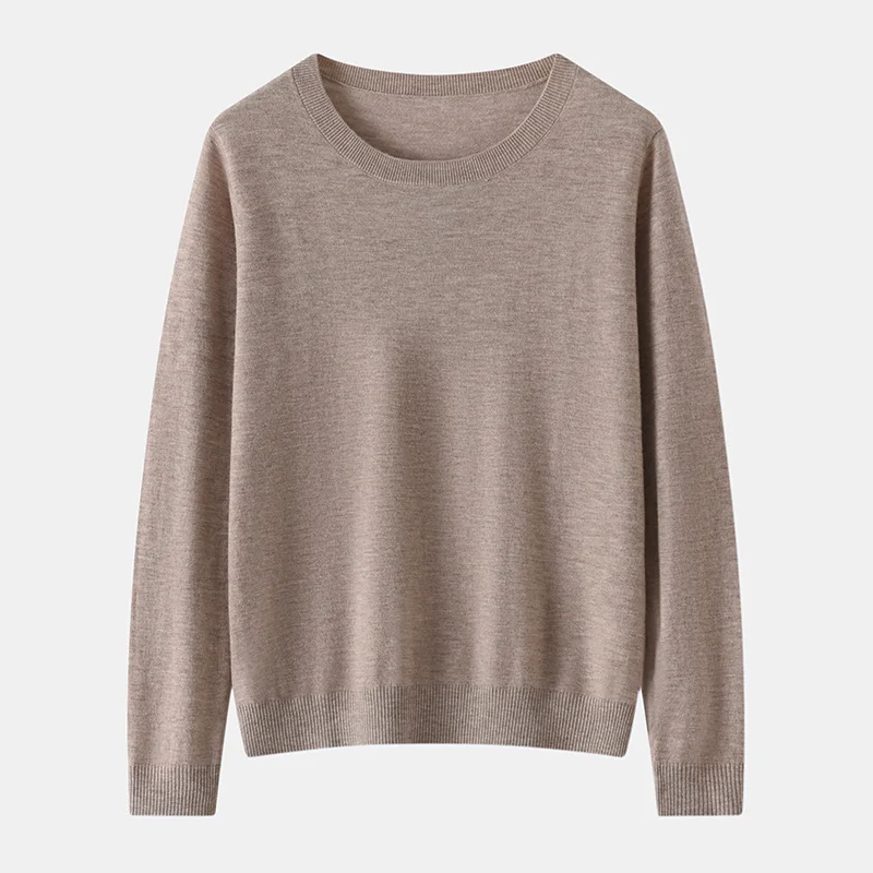 

100% Вязаный шерстяной женский свитер: новинка весна-осень, однотонный повседневный вязаный пуловер свободного кроя с круглым вырезом, джемпер, топ