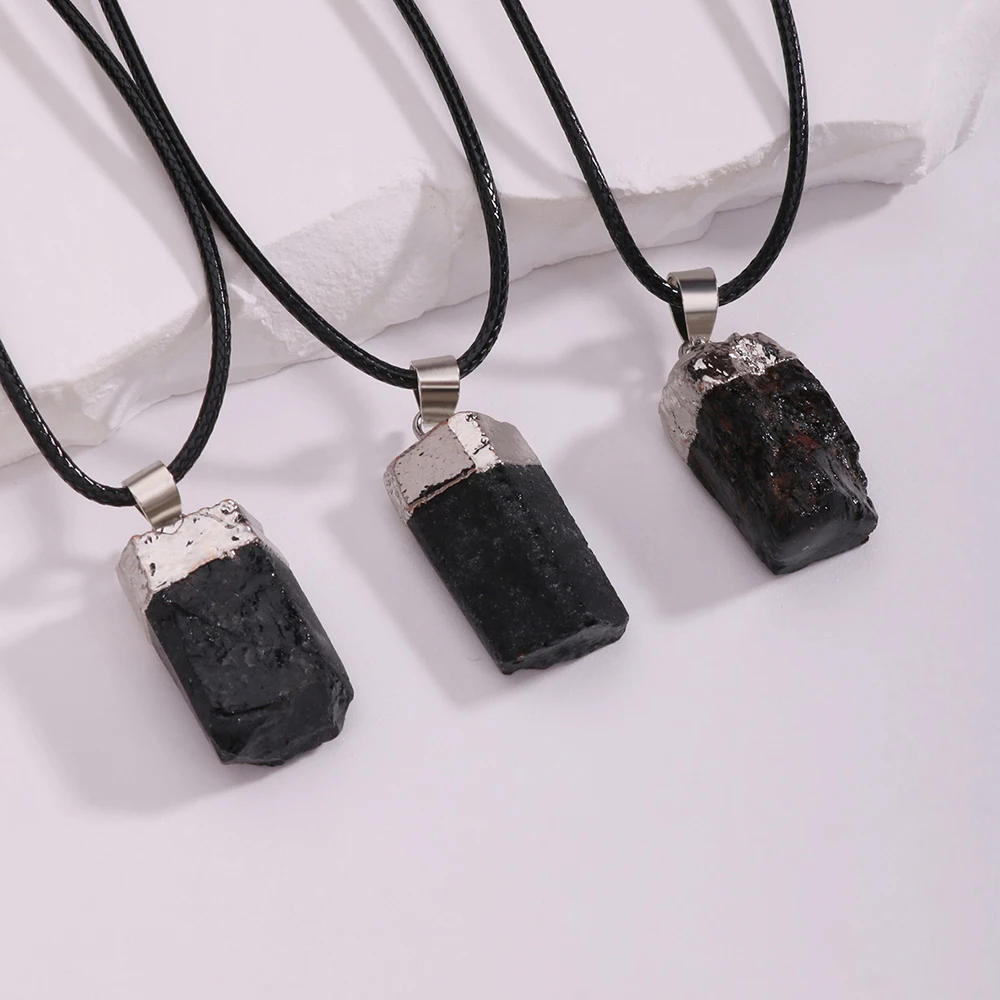 Natural Column-Shaped Rough Stone Black Tourmaline Necklace for Men Women Irregular Elbaite Necklace Men Jewlery
