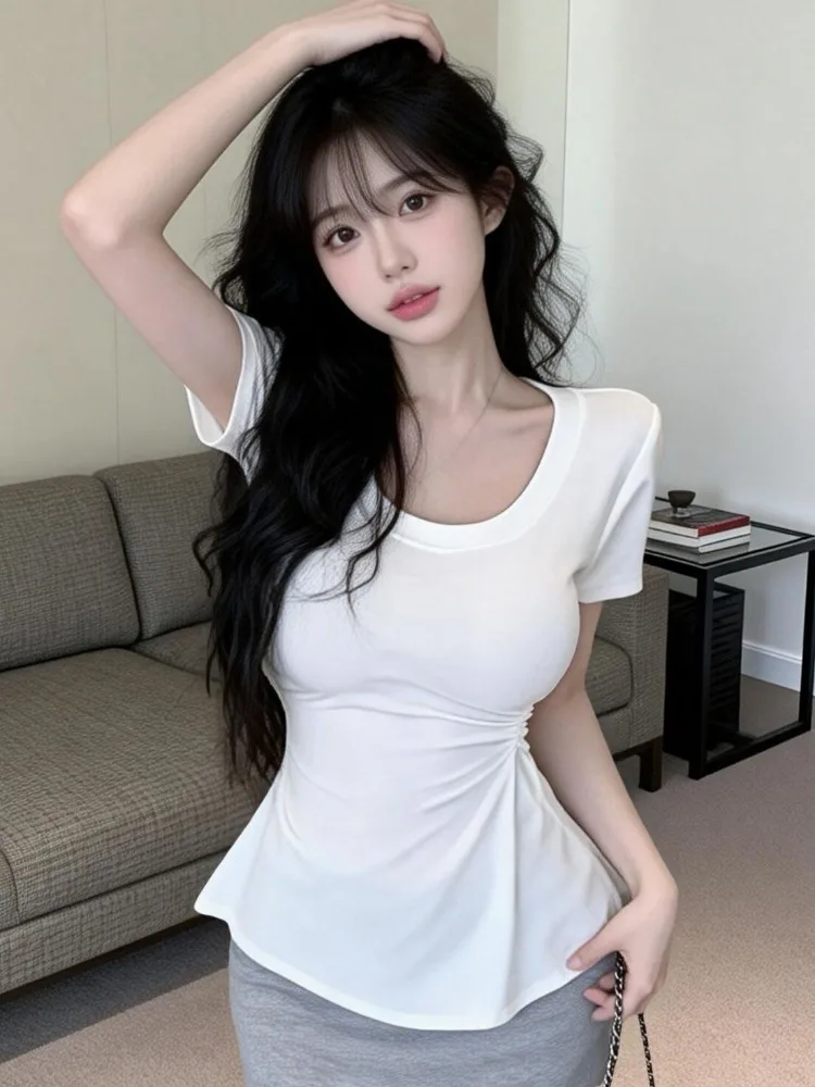 

Slimming Long Sleeve round Neck T-Shirt Women's Spring Summer New Style Waist Cinched Versatile Color Base Layer Top