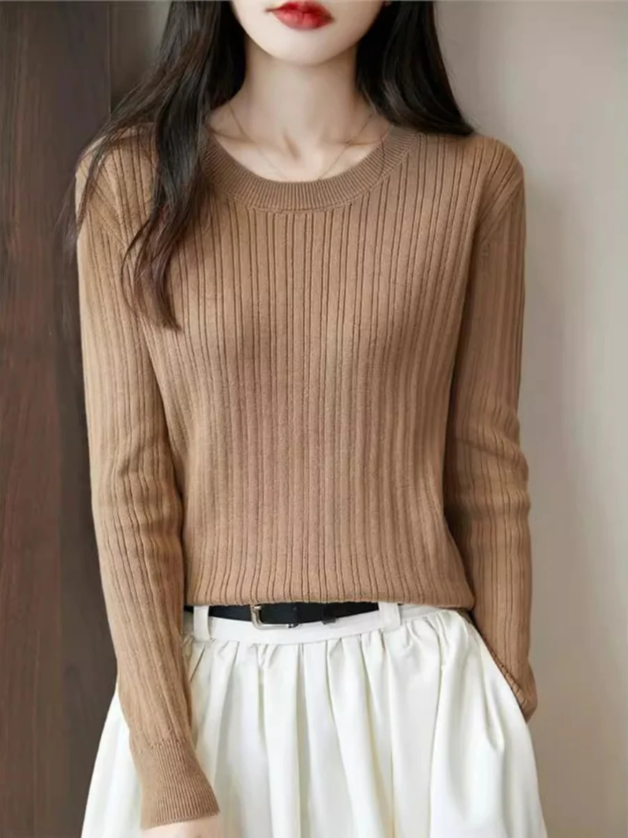 

00% Cotton round Ne Knitted Base Layer Top Women Casual Loose Long Sve Inner Wear Sweater Versatile Slimming Commute Sle