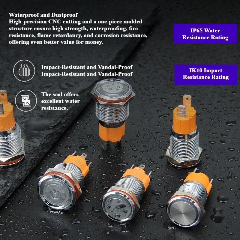 16mm 19mm High-Current 10A Metal Push-Button Switch, Compact Round, Self-Locking, Resettable, Illuminated, 9V, 24V, 220V