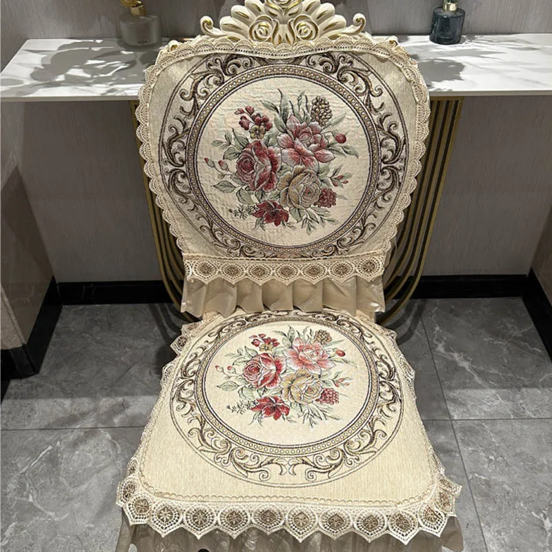 New European Style Chenille Dining Chair Cushion Ruffle All-Season Ventilate Seat Cover Living Room Cushion Non-Slip Detachable