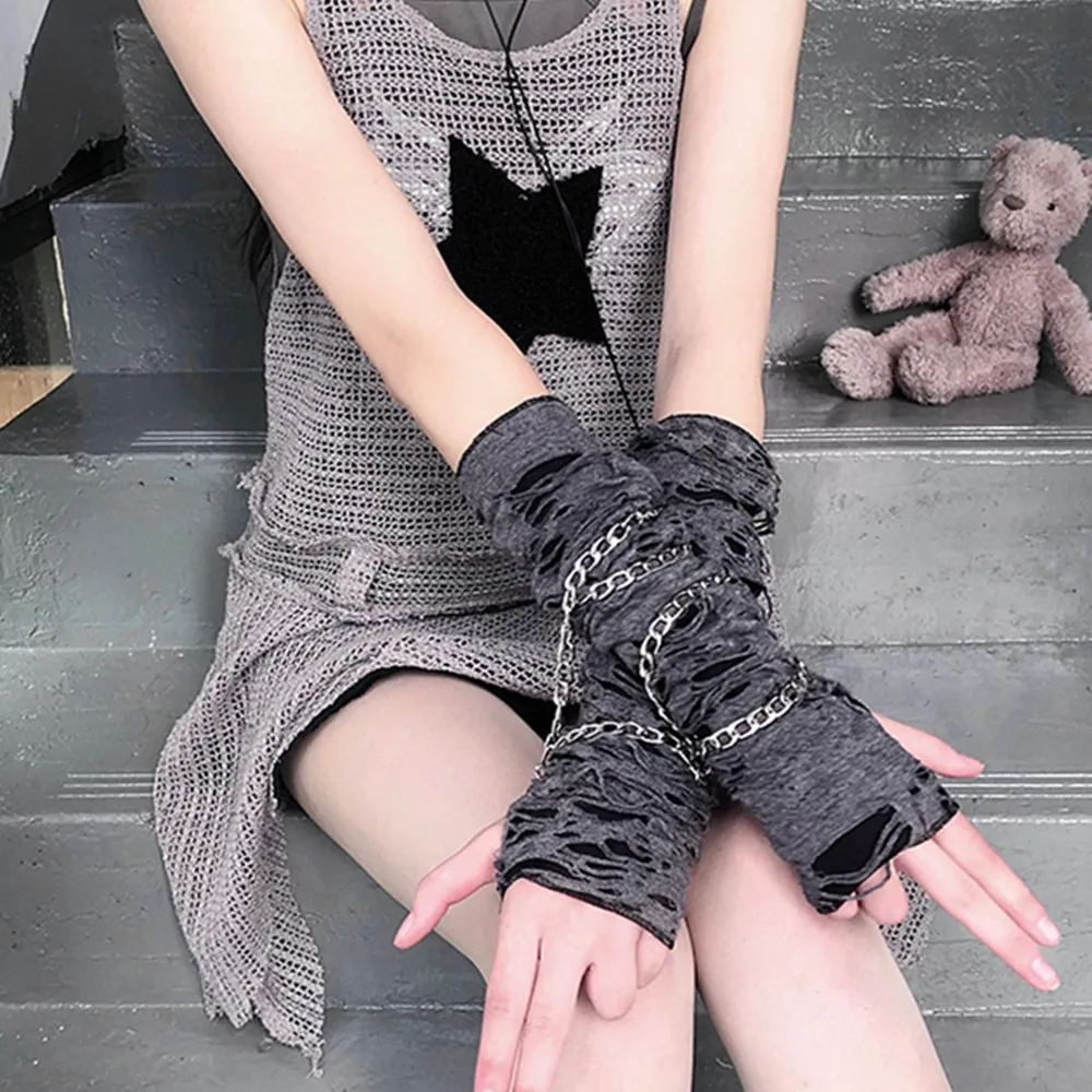 Punk Girls Ripped Holes Decor Gloves Arm Sleeves Cosplay Breathable Sexy Fingerless Gloves Half-finger Arm Warmer Cool Stretch