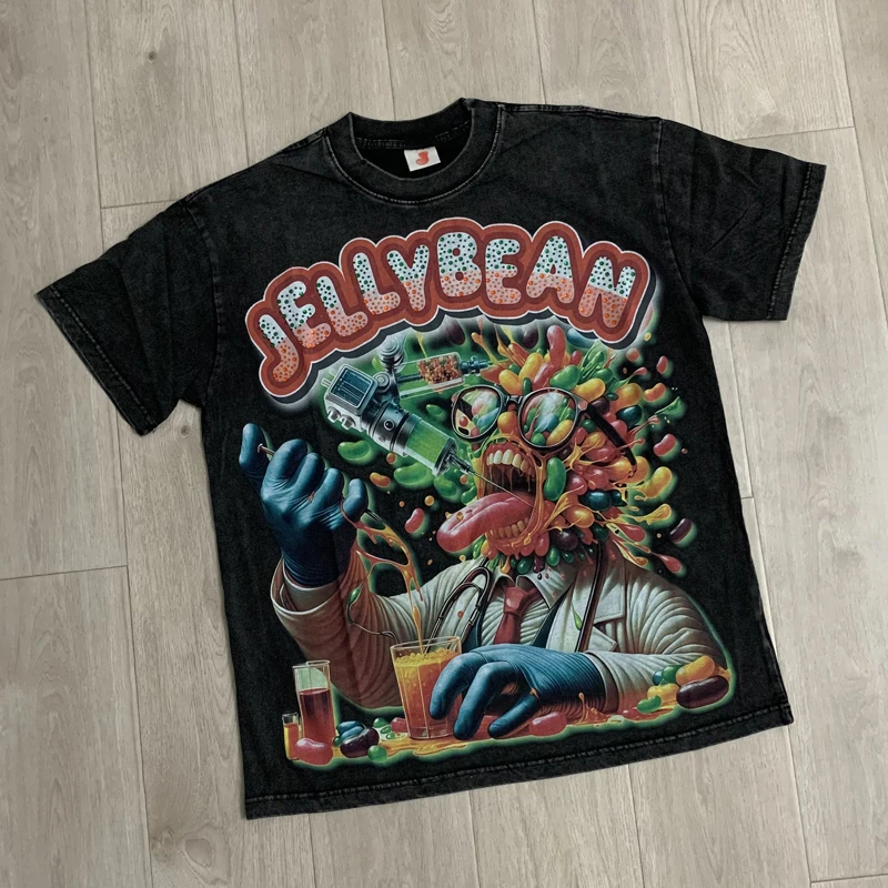 Vintage Washed Jellybean Monster Doctor Print T-Shirt Men Y2K Streetwear Loose Graphic Short Sleeve Tee Stock