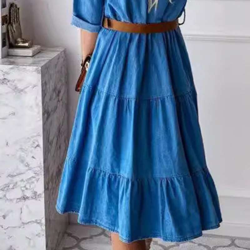 Abito lungo blu estivo da donna elegante Abito estivo da ufficio allentato casual Vita alta con scollo a V Mezze maniche Abiti da lavoro maxi da donna