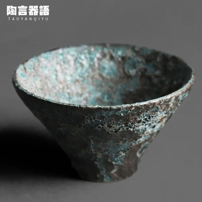 Bronze wormhole texture large flared personal tea cup handmade retro pottery Kung Fu tea ceremony tea drinking single cup