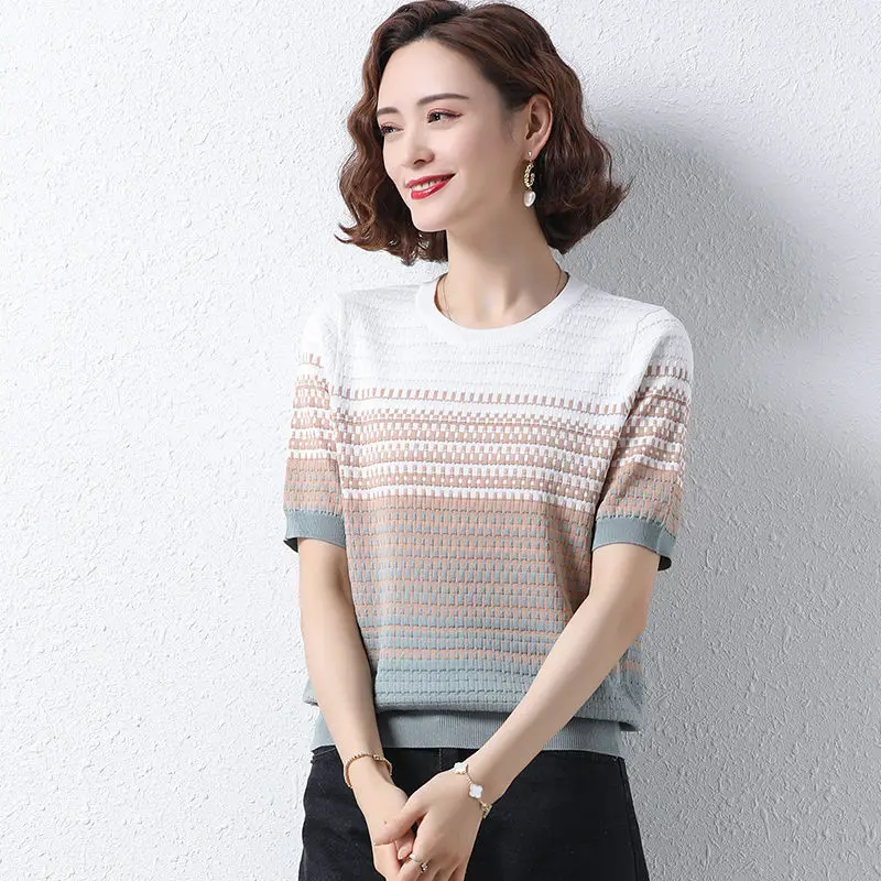 Elegant Fashion Harajuku Slim Fit Female Clothes Loose Casual Sweat All Match Tops Women Patchwork Stripe Short Sleeve T-shirts