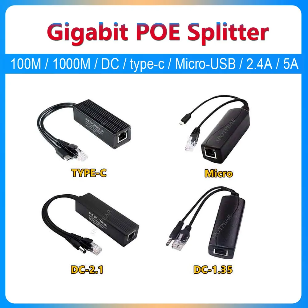 Industrial Gigabit PoE Splitter Options100M/1000M/Type-C/DC/Micro For Raspberry Pi/WebCamera/WirelessAP