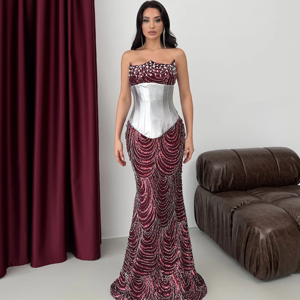 

Simple Strapless Jersey Evening Dress Soft Mermaid Prom Dresses Fashion Sequined Beading Customized Bespoke Occasion Gowns