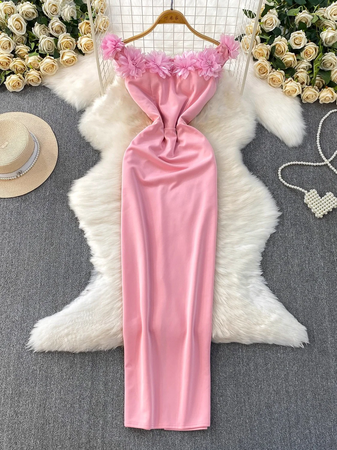 Verão feminino vermelho/rosa/branco vestido de festa sexy flor bodycon bainha vestidos elegante cetim cinta espaguete maxi robe 2026 novo