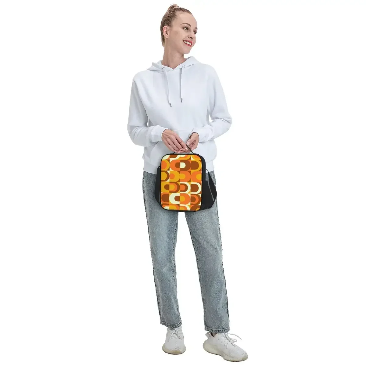 Custom 70s Pattern Retro Inustrial In Orange And Brown Tones Lunch Bag Women Cooler Warm Insulated Lunch Boxes for Adult Office