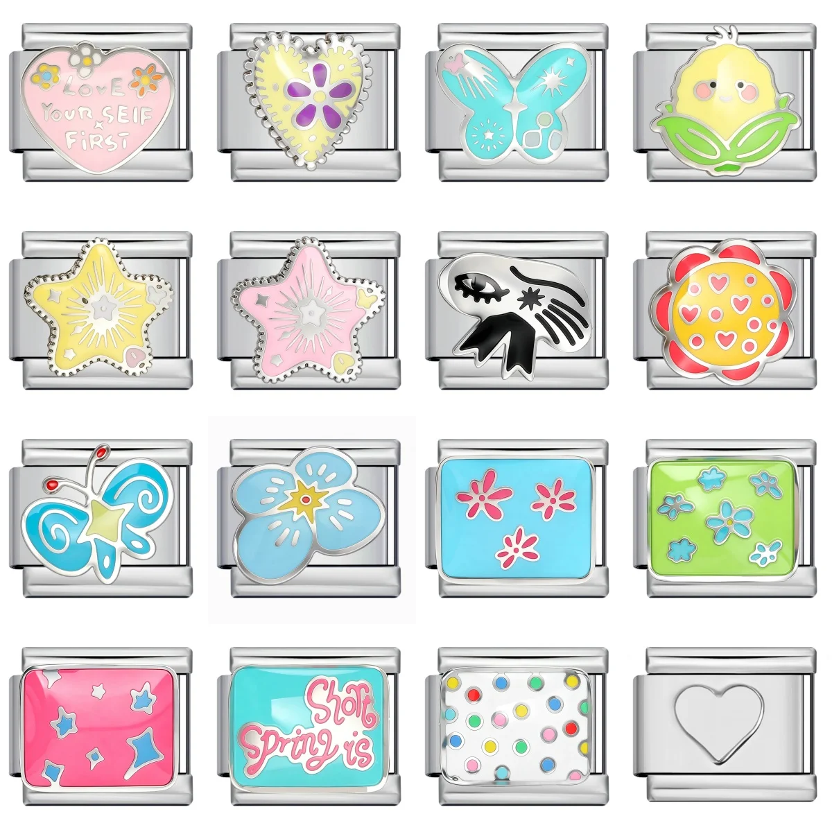 Trendige, bezaubernde Serie: Bunte Emaille-Sterne und -Herzen, italienische Glieder, passend für 9-mm-Edelstahlarmbänder, DIY-Charm-Schmuck, Geschenke