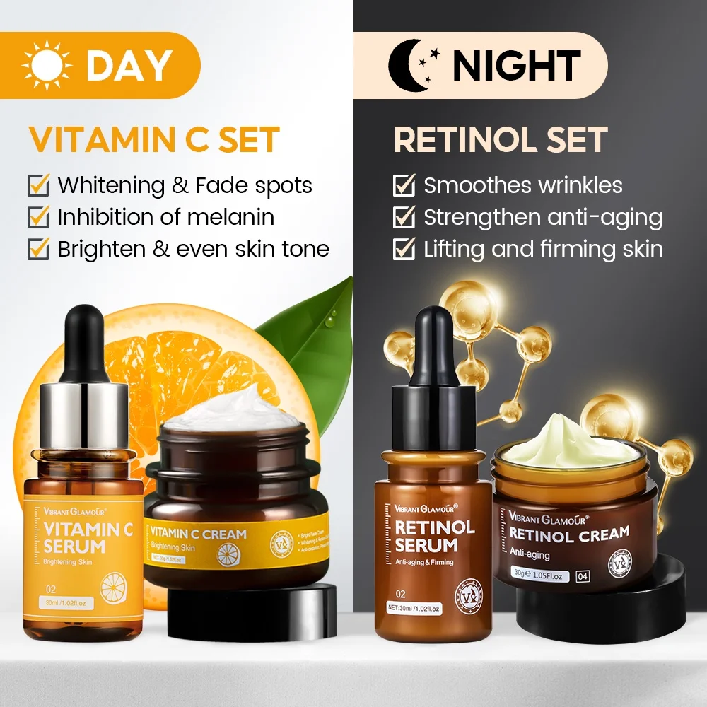 VIBRANT GLAMOUR Natural Retinol Sets  Face Cream Facial Serum Vitamin C Serum Vitamin C Cream with Hyaluronic Acid 2.5% Retinol