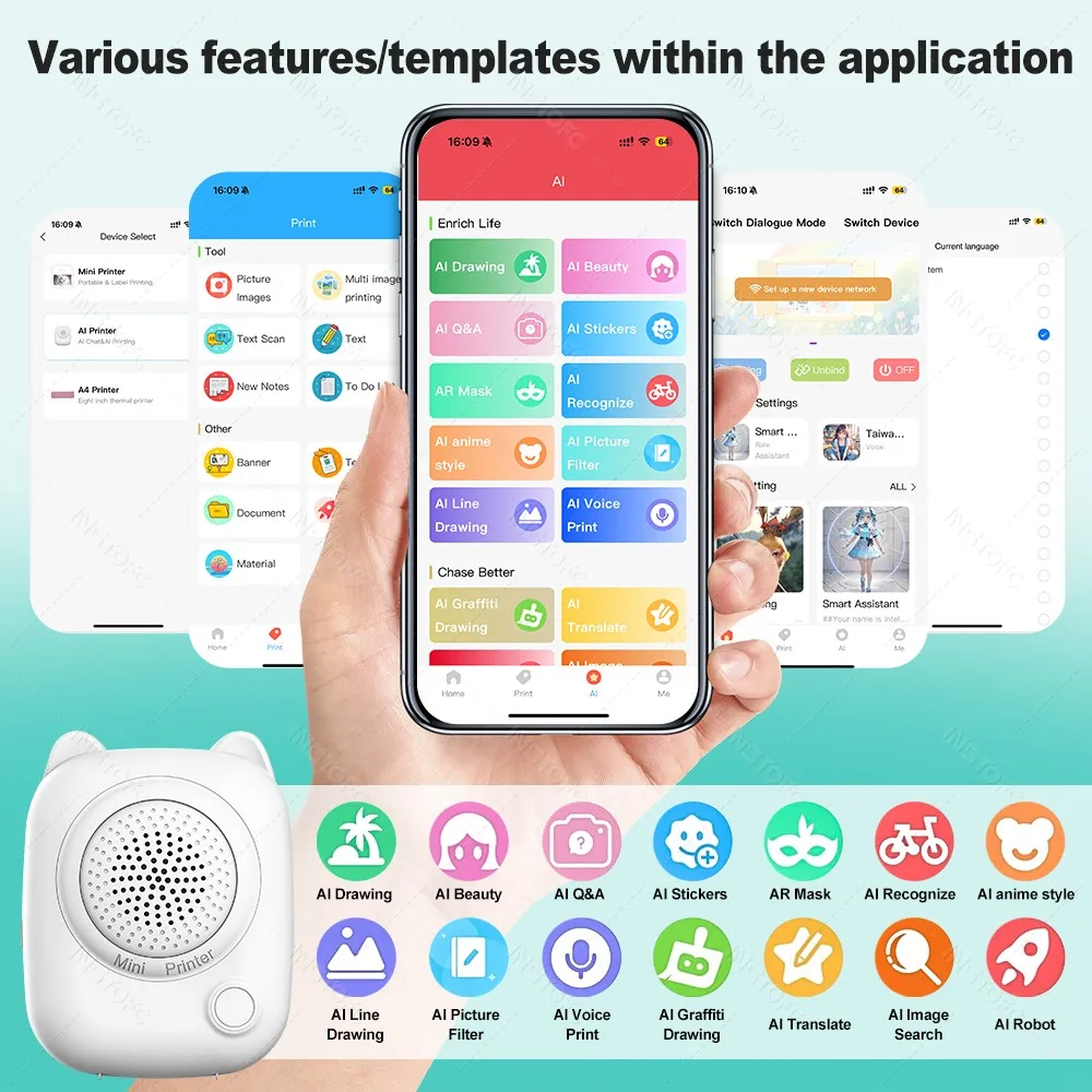 AI Pocket Printer with Voice Printing AI Photo Generation & AI Learning Portable Smart Mini Printer for Students Office Home Use