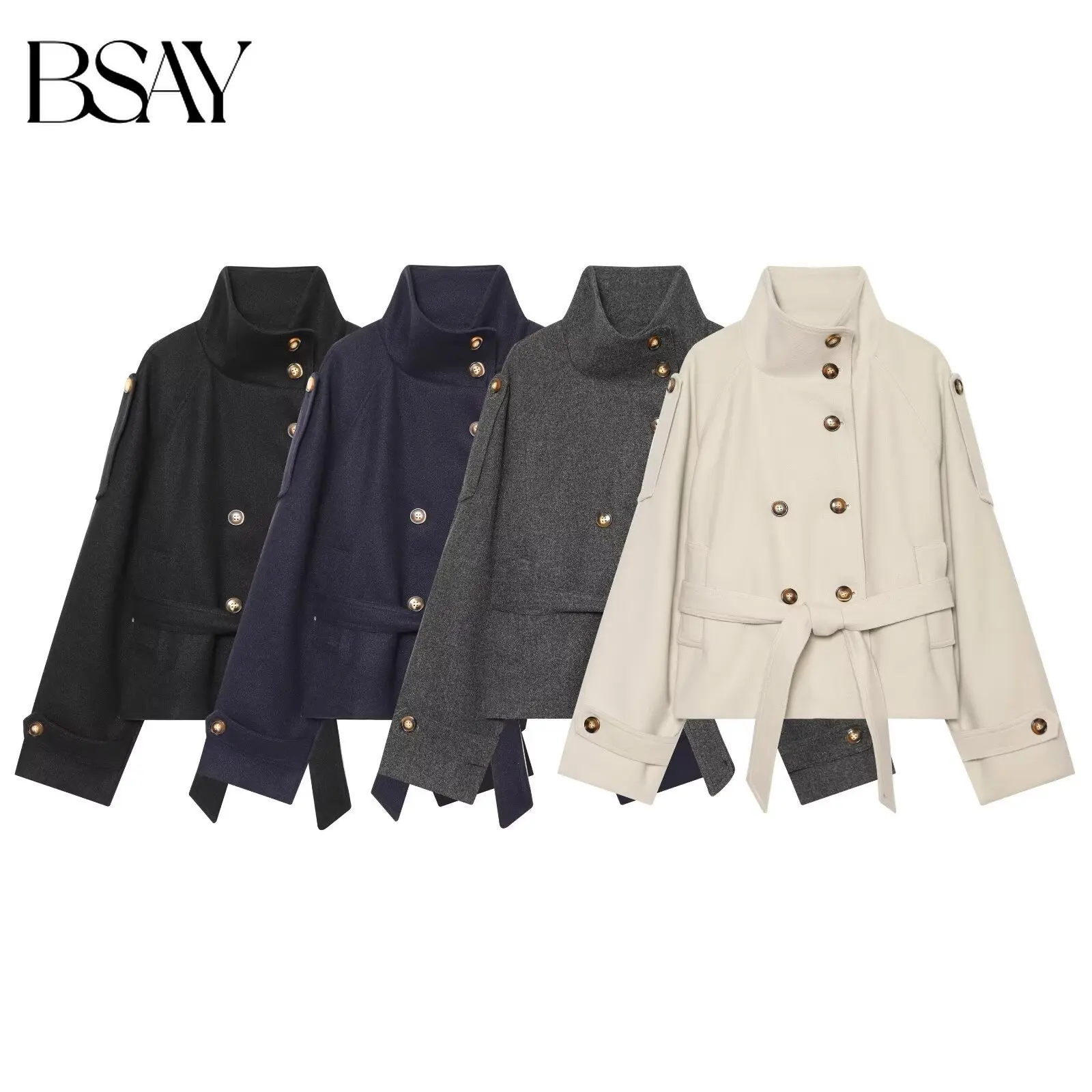 BSAY 2026 New Autumn Women Stand Collar Cropped Jacket Double Breasted Metal Buttons Belted Waist Long Sleeve Trench Outerwear