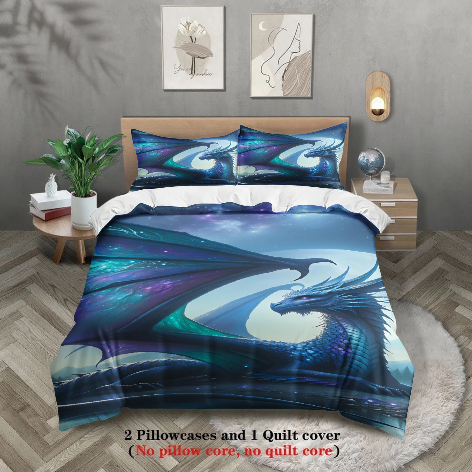 

Комплект постельного белья из 3 предметов: пододеяльник и 2 наволочки с изображением волшебного летающего дракона, в стиле фэнтези, для детей и подростков, с узором в виде чешуи дракона и звездной туманности.