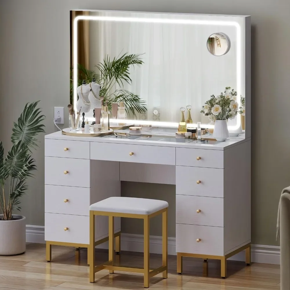 Vanity Desk Set with LED Mirror, Glass Top Vanitys with 9 Drawers and Adjustable 3 Color Lighting, Vanity Desk with Chair