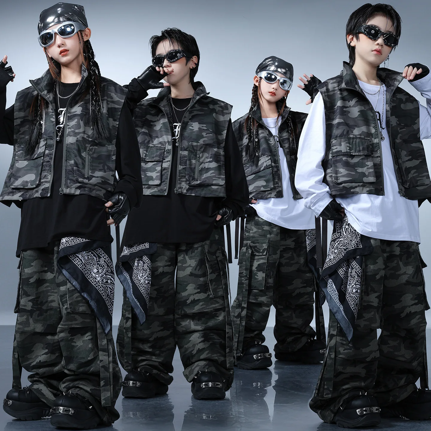 

Kid Kpop Hip Hop Clothing Camo Sleeveless Jacket Vest Top Street Strap Parachute Cargo Pants for Girl Boy Dance Costumes Clothes
