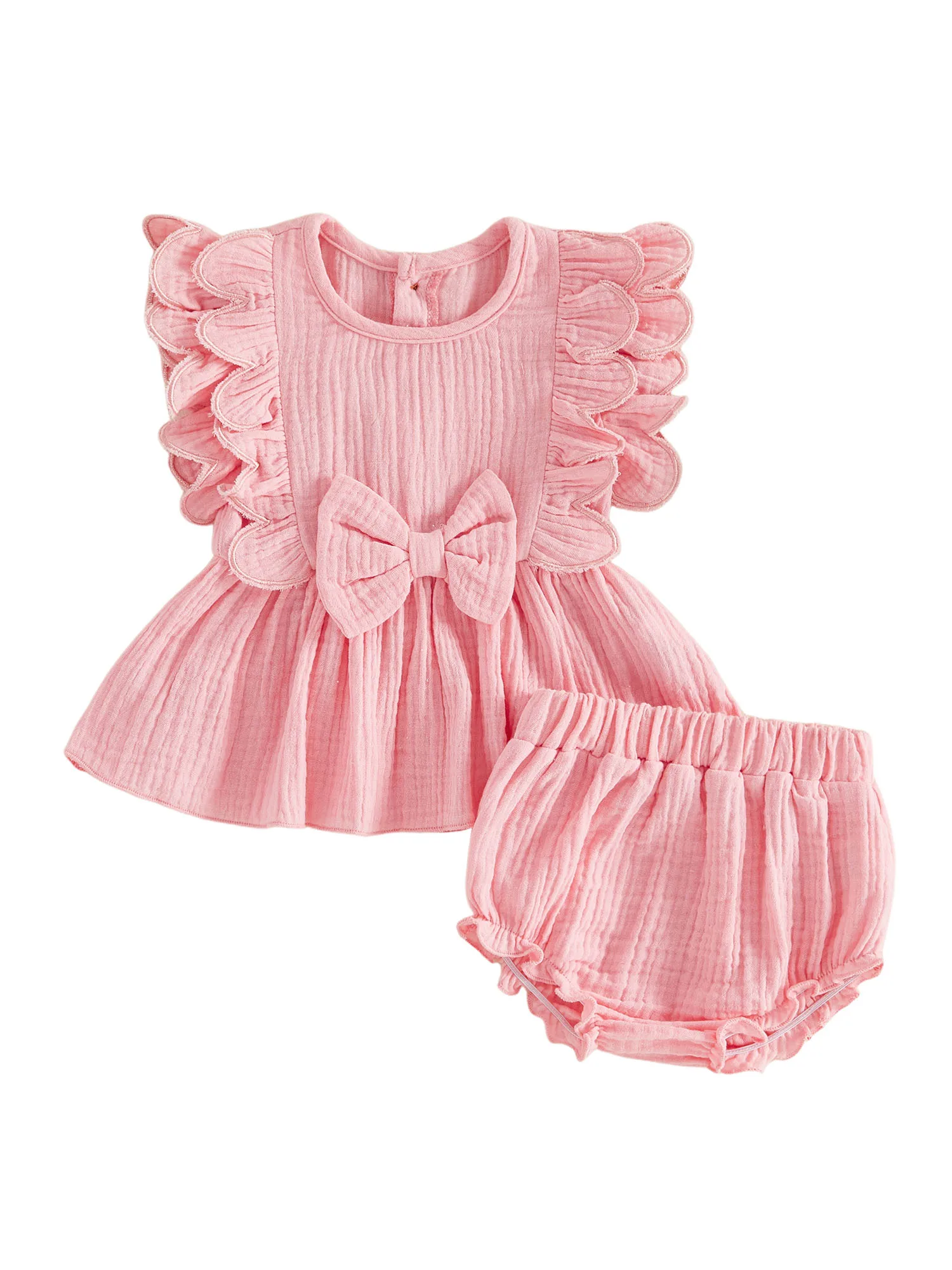 

Комплект из топа с рюшами на рукавах и шорт для маленьких девочек. Милый жилет с бантом и подходящими шортами для летних прогулок и вечеринок.