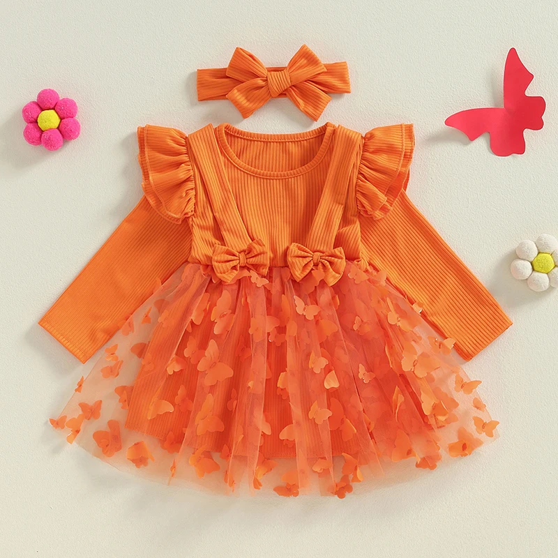 0-24Months Toddler Girls Dress 2 Piece Outfits 3D Butterfly Mesh Long Sleeve Princess Dress and Headband for Party Cute Clothes