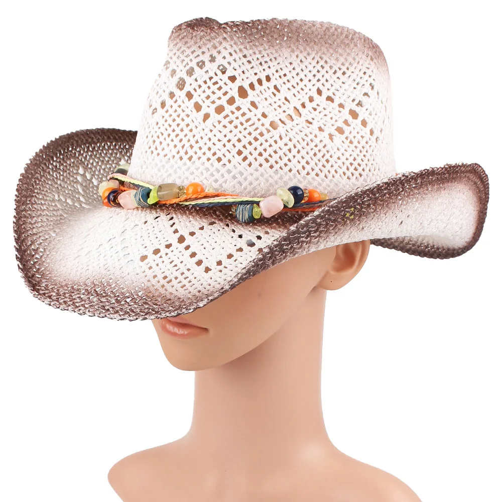 Women's Spring/summer Handmade Hollow Breathable Sunshade Straw Hat Gradient Spray Paint Hat Curved Brim Cowboy Hat Casual Hat