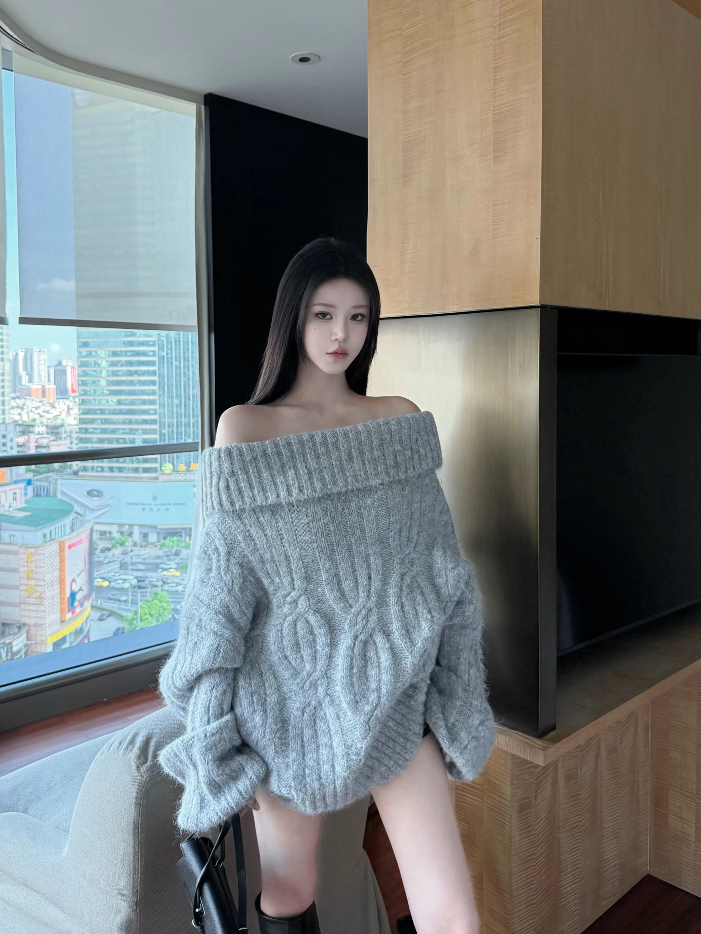 

BULENG Women's Lazy Sle Woolen oulder Bared Sweater Long Sve One oulder Neline mid Length Loose Fit Winter Top