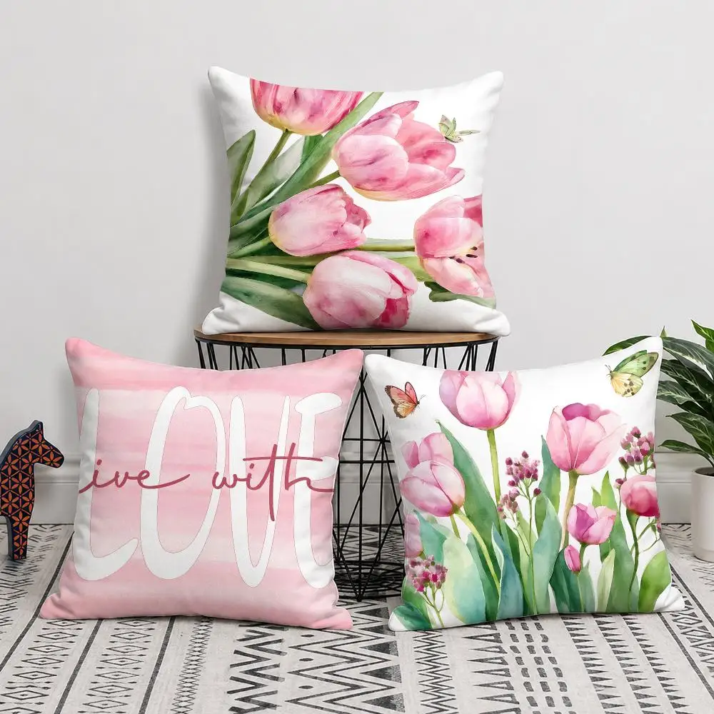 Pink Tulip Flower Design Cushion Cover Soft Short Plush Pillow Cover Smooth Cozy Texture Cushion Case Home Decor