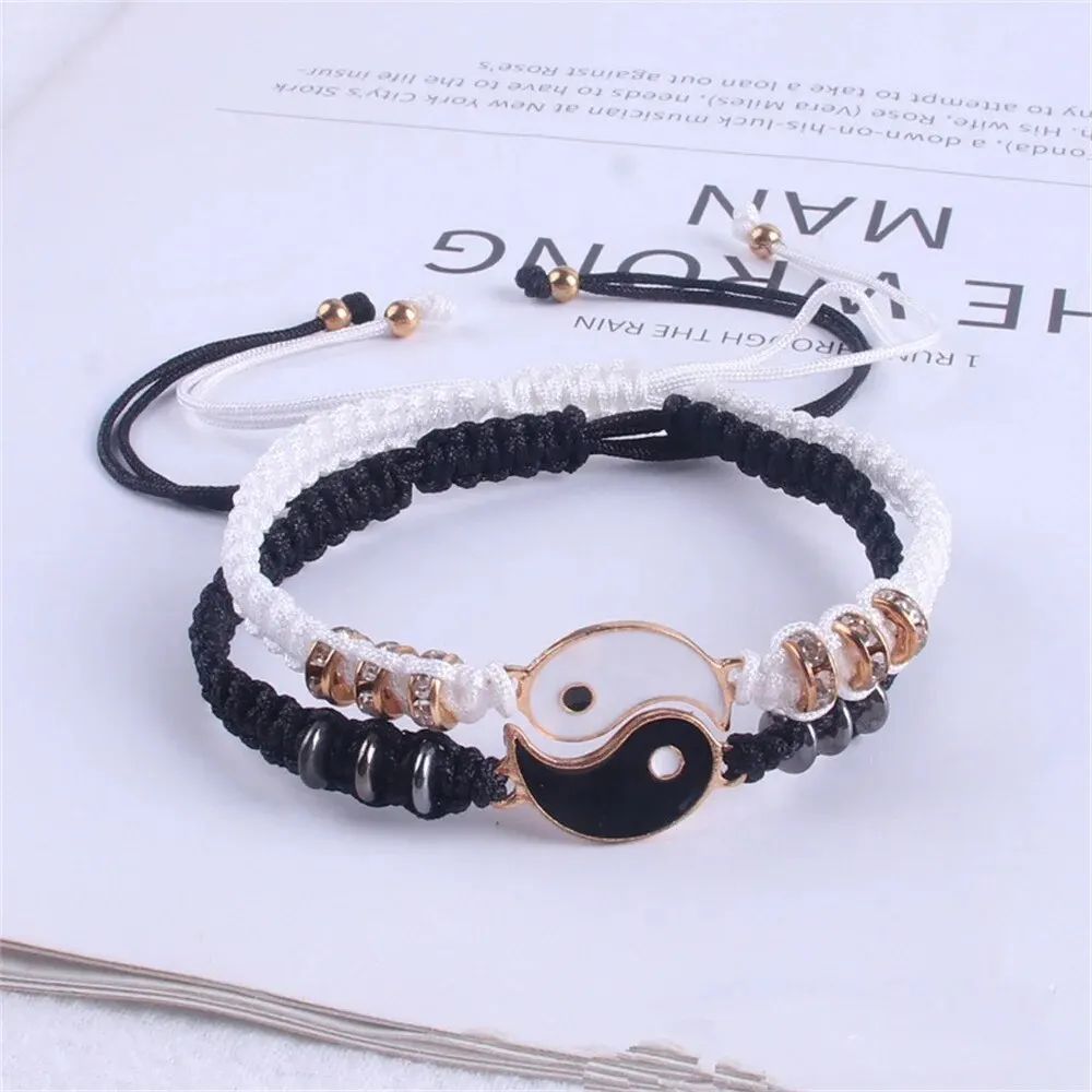 2Pcs Yin Yang Tai Chi Couple Bracelets Black White Matching Adjustable Rope Chain Simple Minimalist Daily Wear Jewelry Gift Set