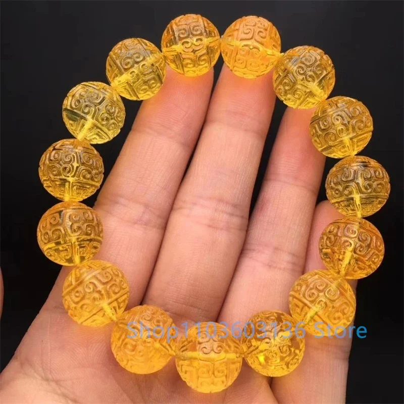 

Purified Water Gold Amber Bracelet Yellow Clear Carved Round Beads Lucky Golden Amber Mens and Womens Bracelet Single