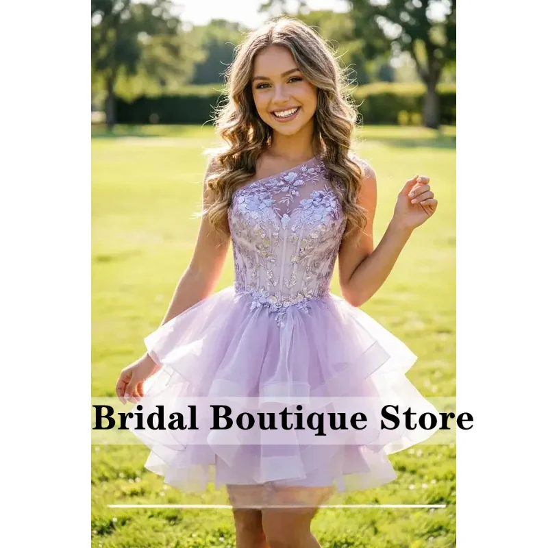 Customized One Shoulder Tiered Tulle Homecoming Dresses Sparkly Lace Applique Short Prom Dress for Teens Quinceanera DAMA Dress