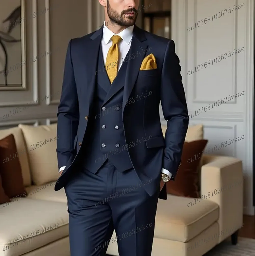 

Navy Blue Business Men Suit Groom Groomsman Wedding Party Prom Formal Occasion Male Tuxedos 3 Piece Set Blazer Vest Pants A01