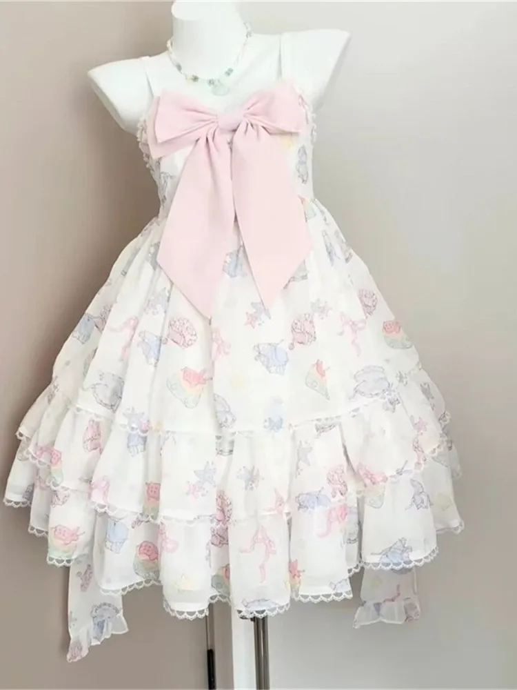 Vestido JSK Lolita Sweet Heart com Laço de Borboleta Fofo, Saia Curta de Camadas Volumosas, Estilo Anime para Meninas