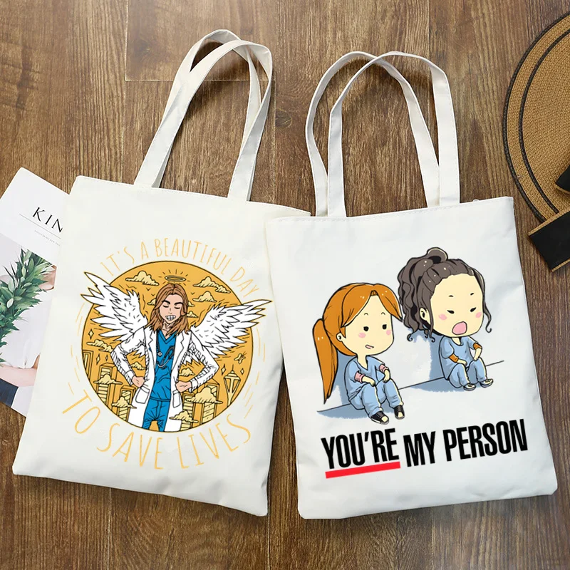 Greys Anatomy Cartoon You\'re My Person Doctor Canvas Women College Handbags Tote Bag Large Casual Fashion Shoulder Bags