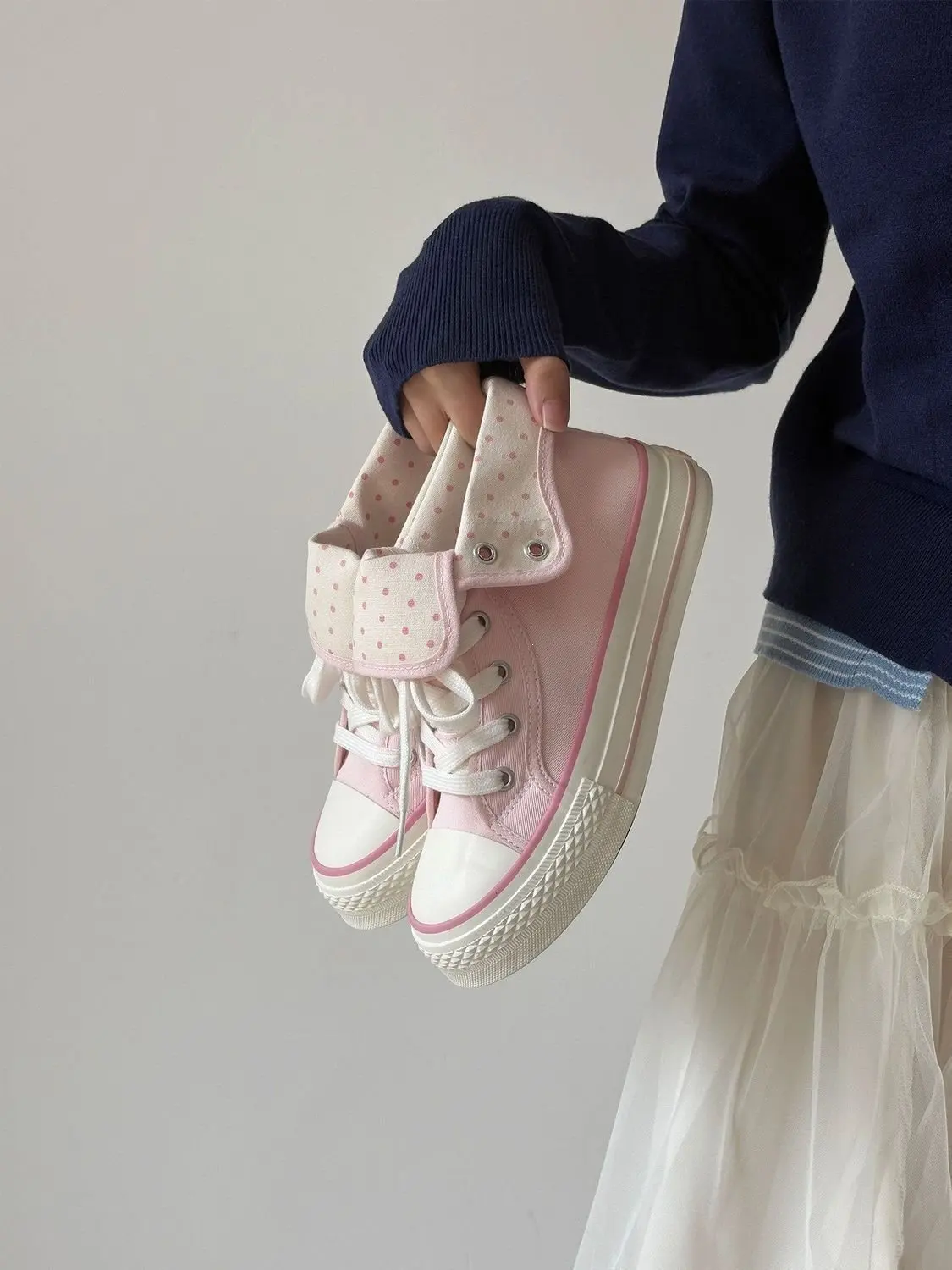 Neue High Help Canvas-Schuhe mit Punkten, Damen-Freizeitschuhe, vulkanisierte Sneakers, bequeme Sport-Walking-Plattform-Flats für den Frühling. – Detail 8