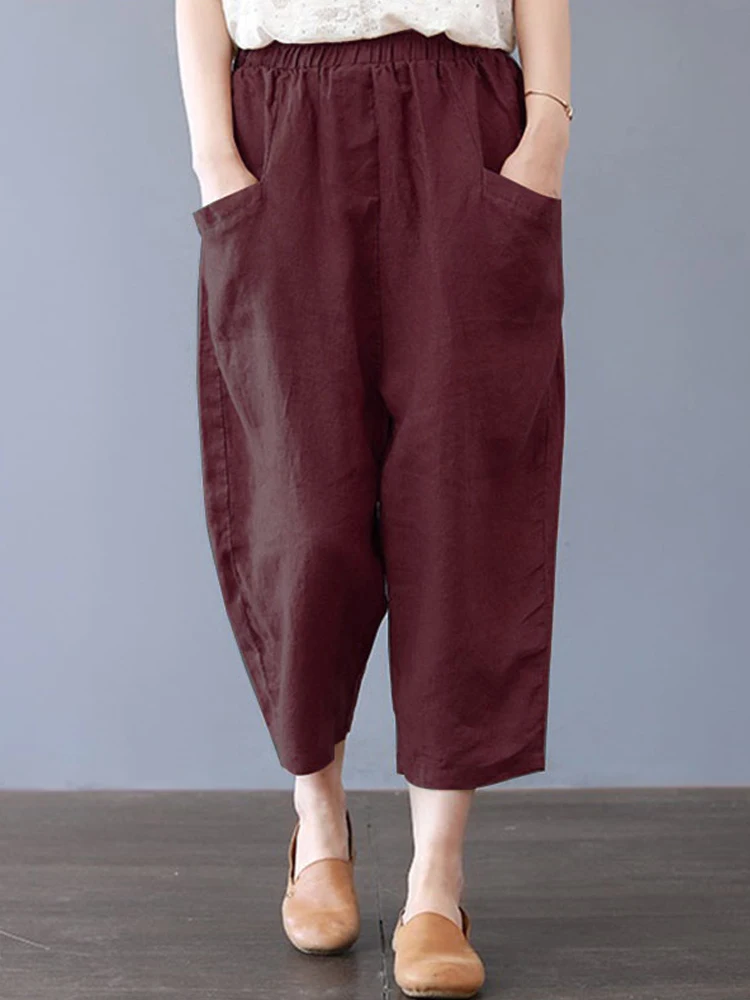 ZANZEA-Pantalones largos tipo caftán para mujer, pantalón bombacho liso con cintura elástica, estilo Palazzo, informal, de gran tamaño, de algodón,