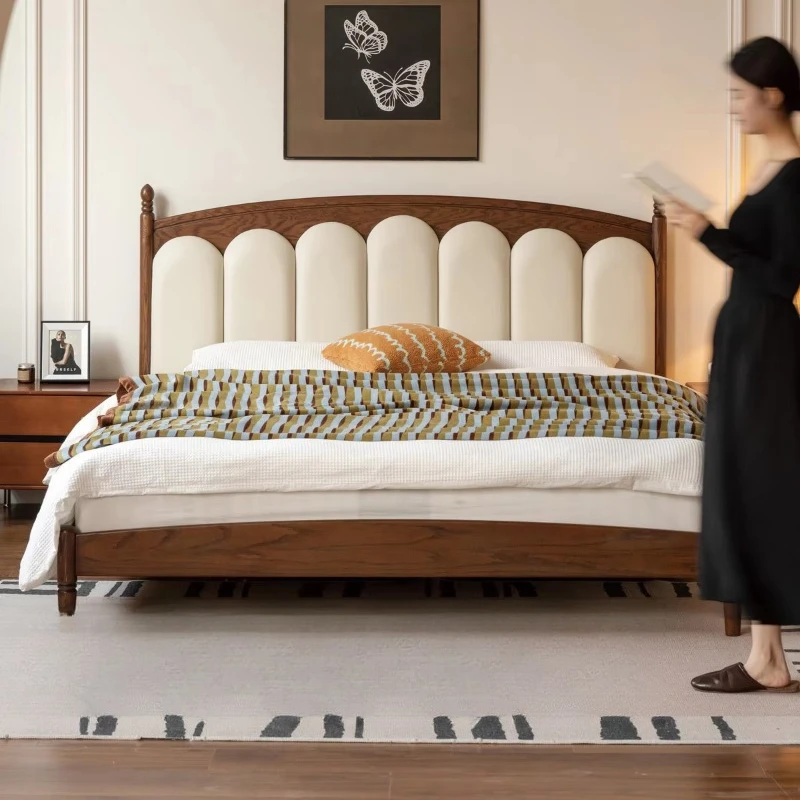 Solid wood French oak soft-backed leather bed Medieval and antique retro style double bed