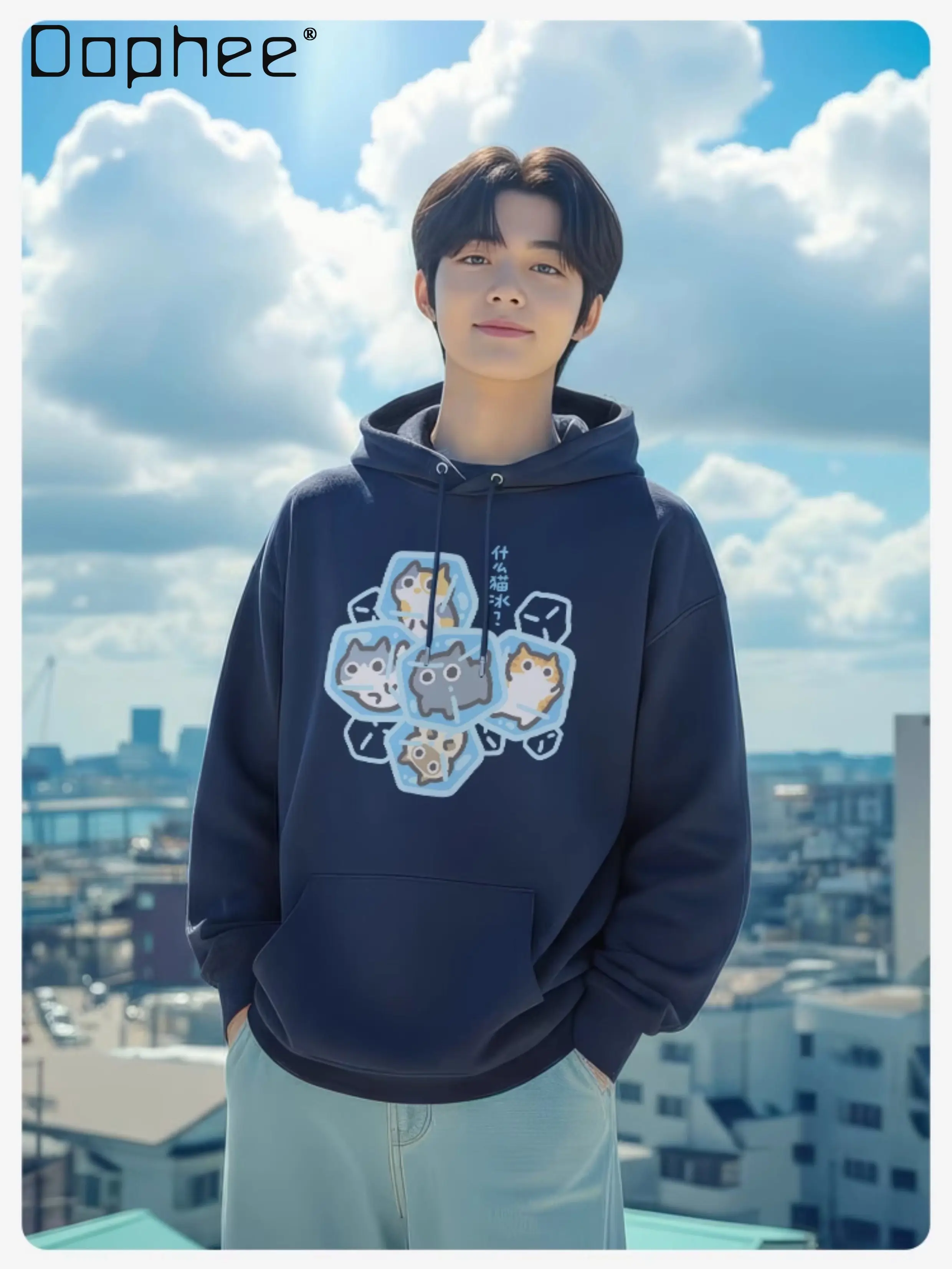 

Spring Autumn New Men's Cute White Blue Pink Cartoon Print Cat Ear Hoodie Couple Style Japanese Loose Casual Black Gray Hoodie