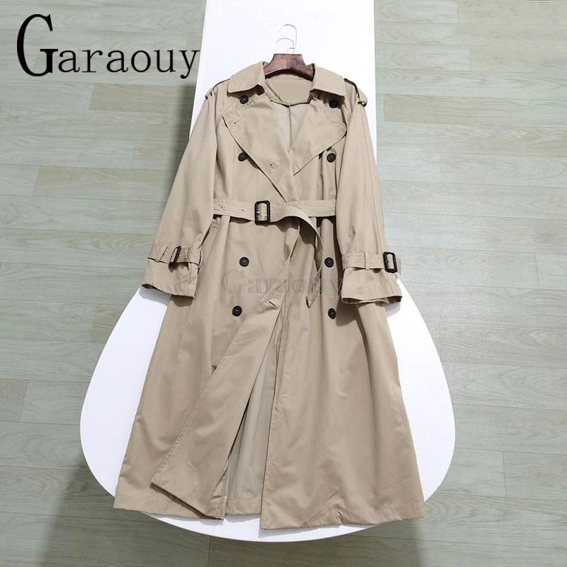 Garaouy 2023 Spring New Women Belt Loose Overknee Double-breasted Classic Trench Coat Windbreaker Jacket Retro Outwear Female