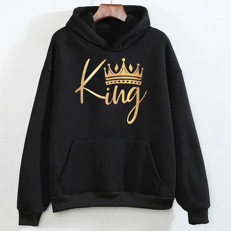 Spring Autumn Couple Sweatshirt Pattern KING and QUEEN Gold Crown Print Hoodie Fashion Couple Matching Tops Streetwear