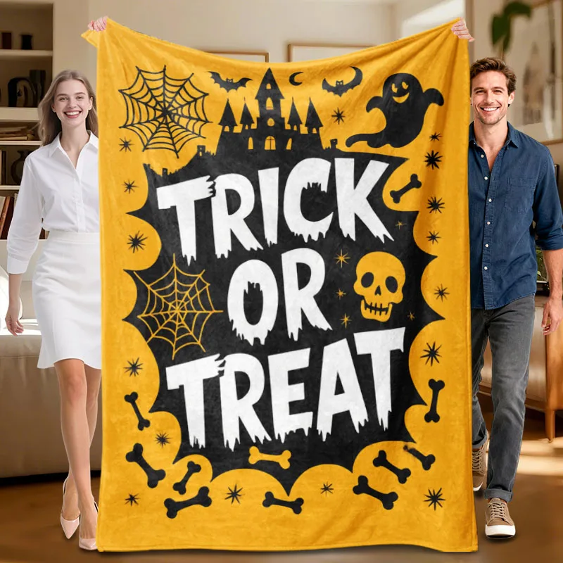 

Цельное желтое фланелевое одеяло на тему Хэллоуина, мягкое, подходит для дивана, кровати, офиса, всесезонного использования.