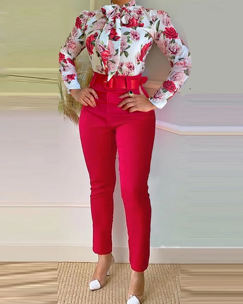 2022 New Casual Women Fashion Floral Print Shirt Pants 2 Piece Set