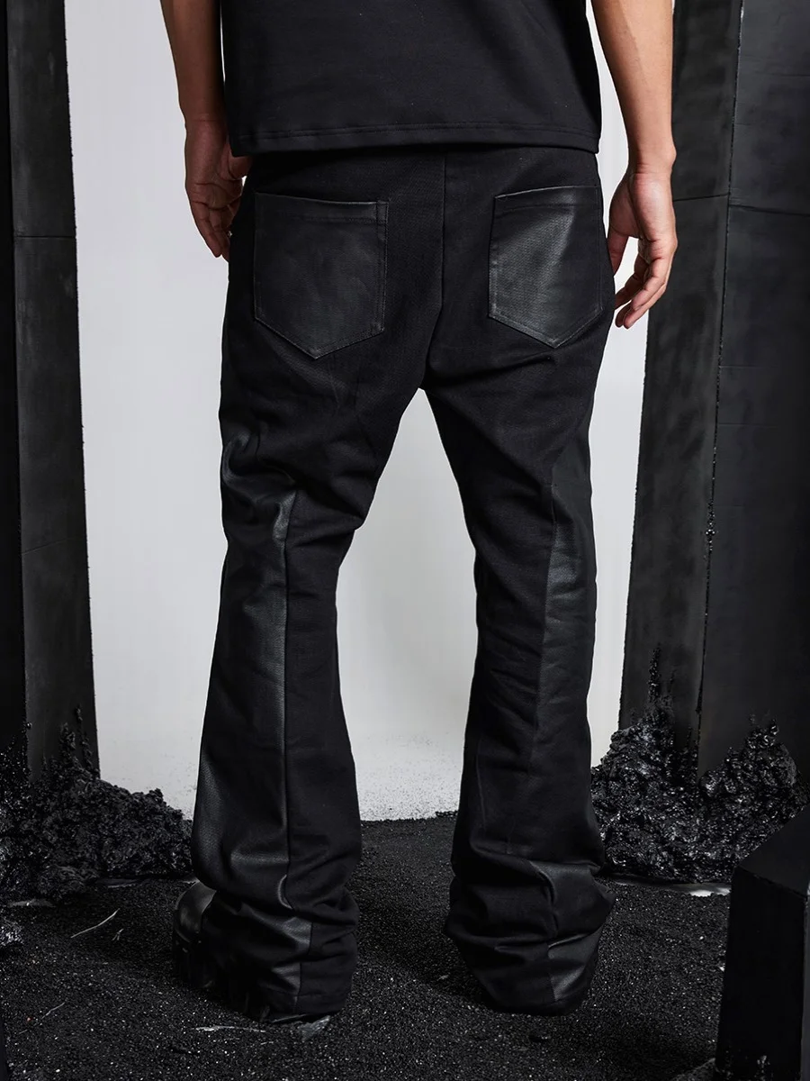 Jeans preto masculino com revestimento de cera, escova de costura, Dark Avant-Garde