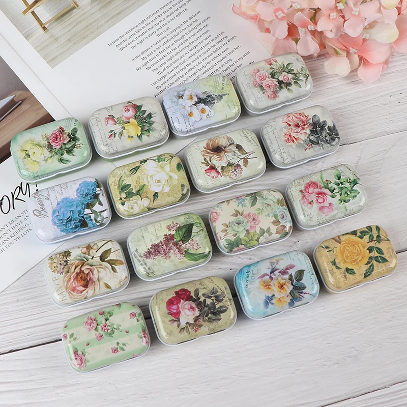 Mini Flower Tin Trinket Jewelry Coin Box Tinplate Storage Case Small Rectangular