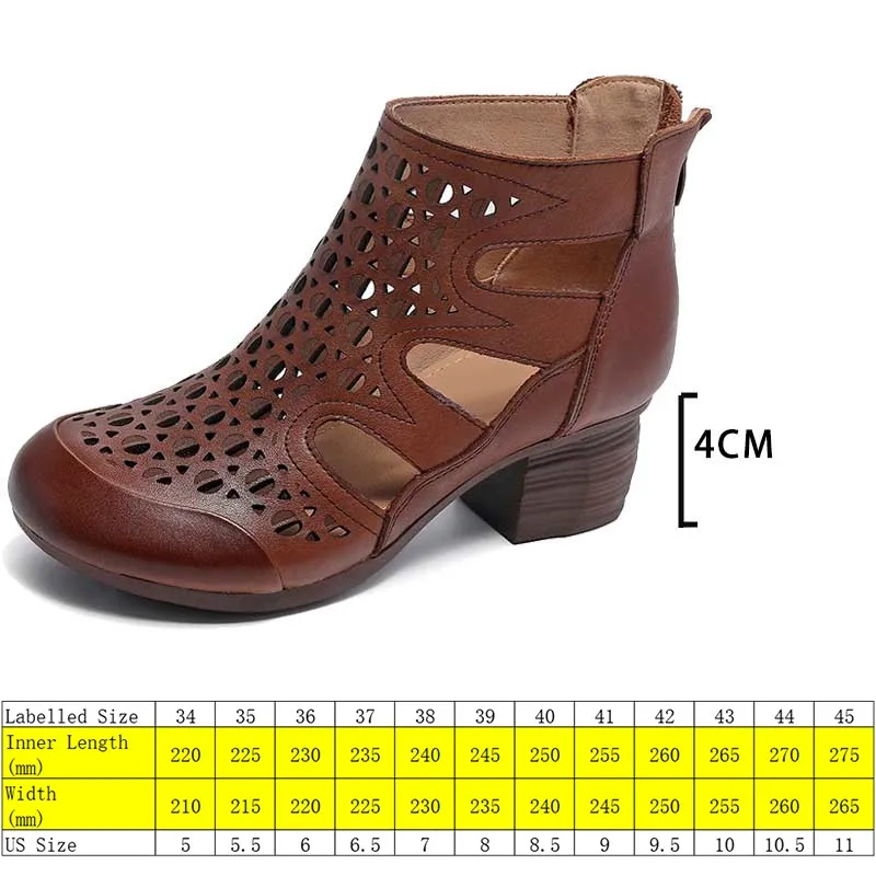 Koznoy 4cm Hollow Ethnic Genuine Leather Fashion Booties Summer Women Ankle Boots Chunky Heels Rubber Breathable Sandals Shoes