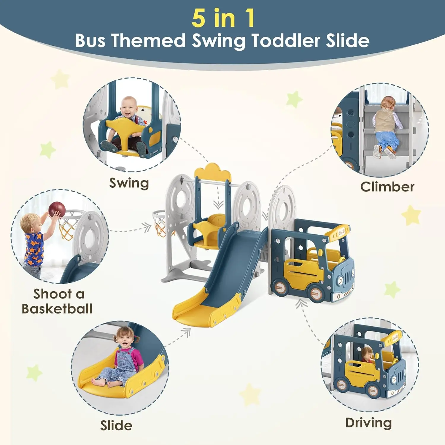 Slide and Swing Set, Kid Slide for Toddlers Age 1-3, Bus Themed Baby Slide with Basketball Hoop, Indoor Outdoor S