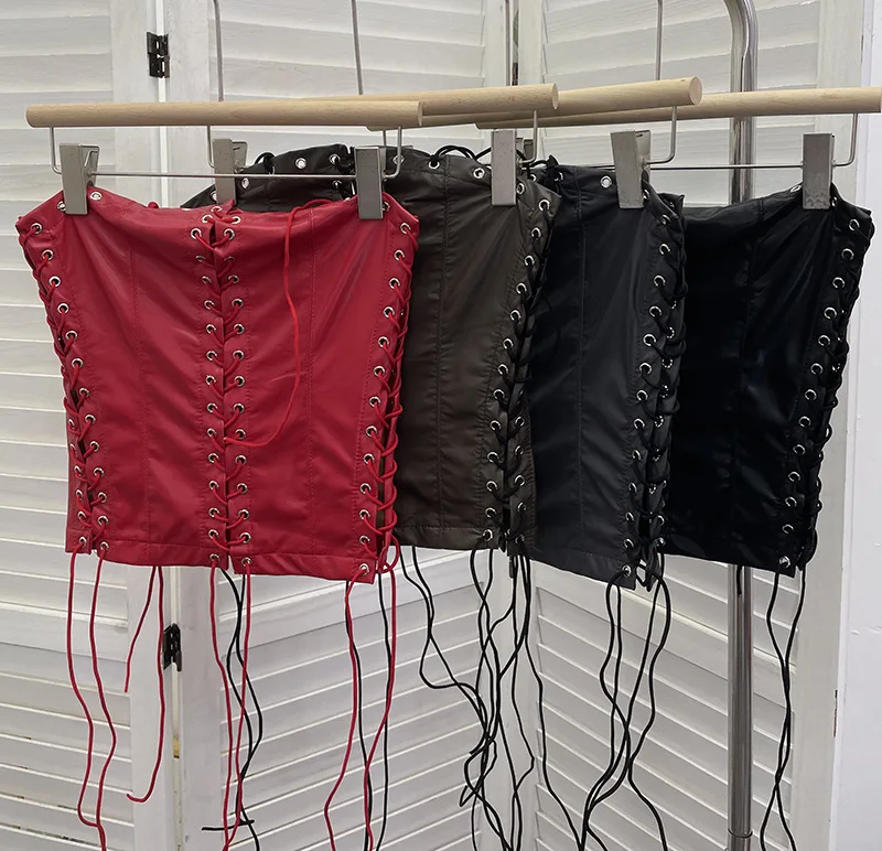 Women Vintage Punk Hot Girls Strappy Tube Top Pu Leather Top Sexy Tight Sexy Short Halter Neck Hollow Out Top Y2K Streetwear2765