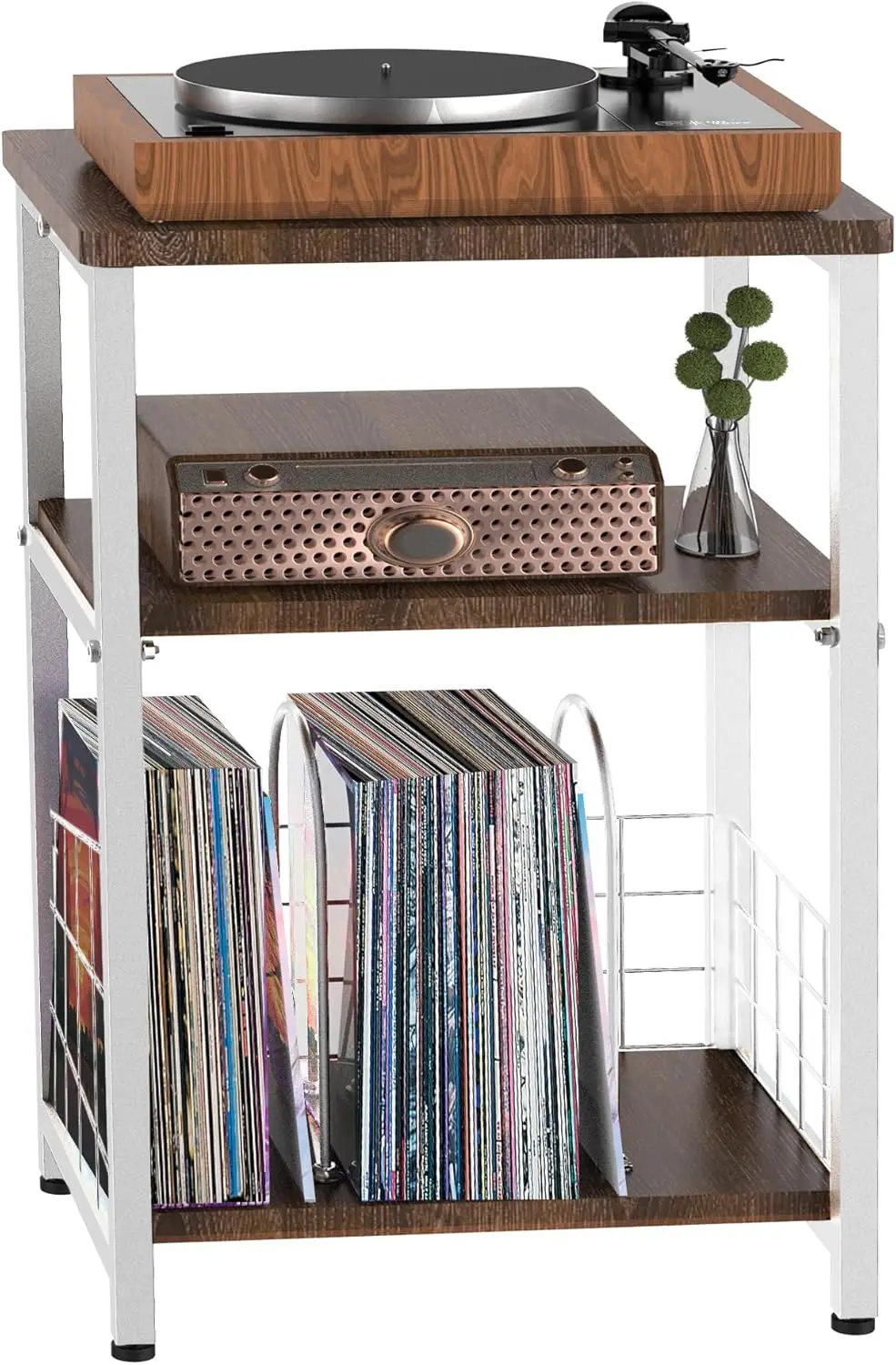 

3-Tier Record Player Stand with Vinyl Storage Basket, Turntable Shelf for Living Room, Bedroom, Office in White