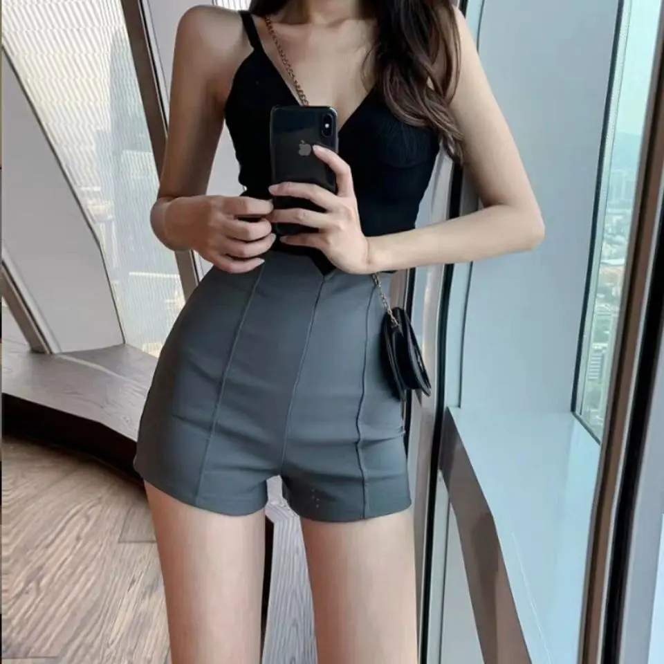 Black A-Line Short Pants Women's High Waist plus Size Slimming Elastic Casual Hot Pants Summer New Style Versatile Base Layer...