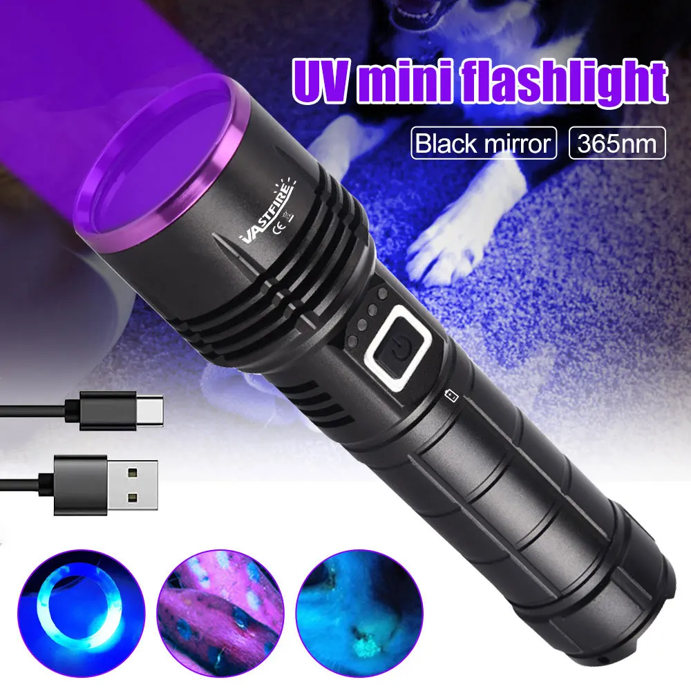

Фонарик VASTFIRE UV 365 нм, черный светодиодный, УФ-фонарик, мощный перезаряжаемый деревянный светильник USB-C, может фокусировать водонепроницаемость, домашнее животное