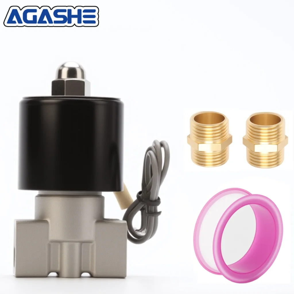 AGASHE 12V / 24V DC صمام الملف اللولبي الكهربائي النحاسي - المياه والهواء والغاز، اتصال NC - درجة صناعية، صمام معدني متين لـ Pne #4